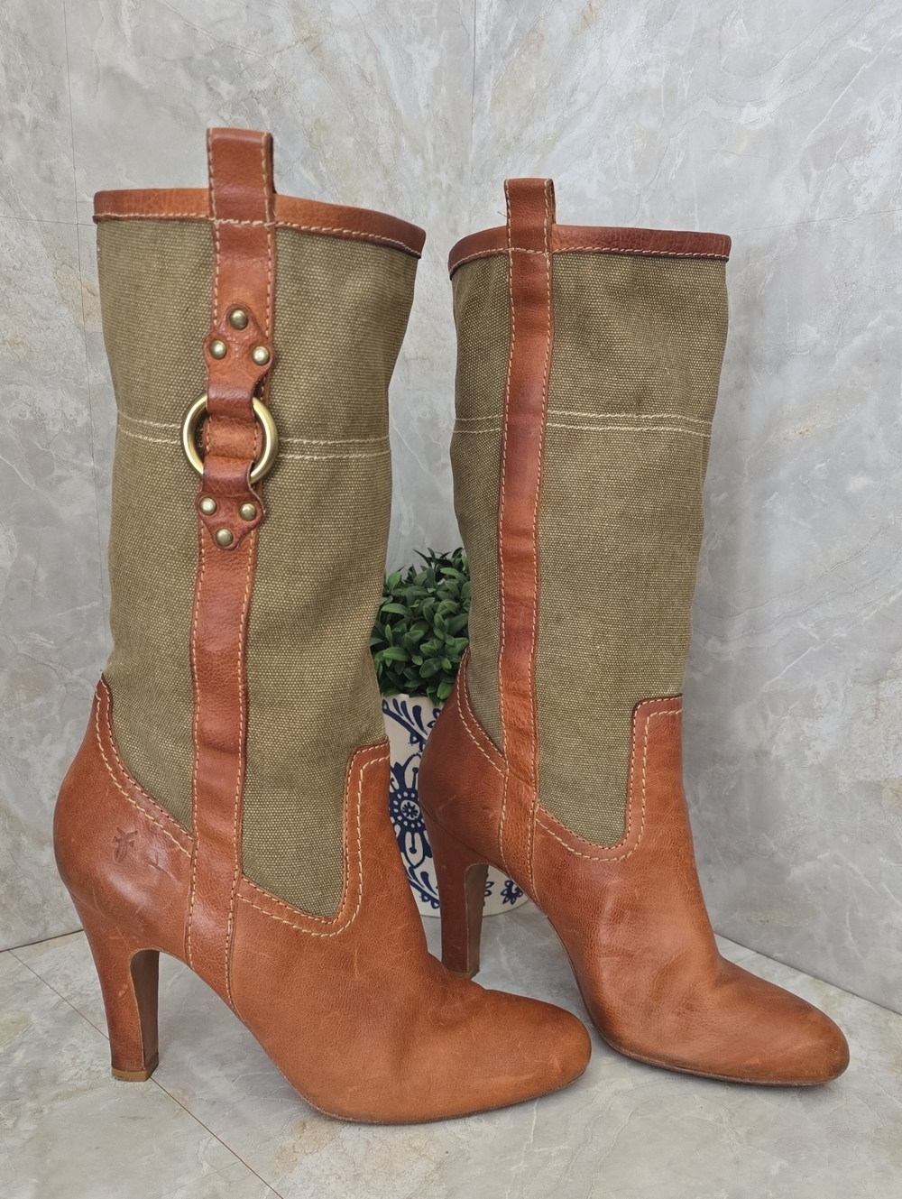 FRYE Ava Canvas & Leather Mid-Calf Pull-On Boots – Brown & Olive, Size 10